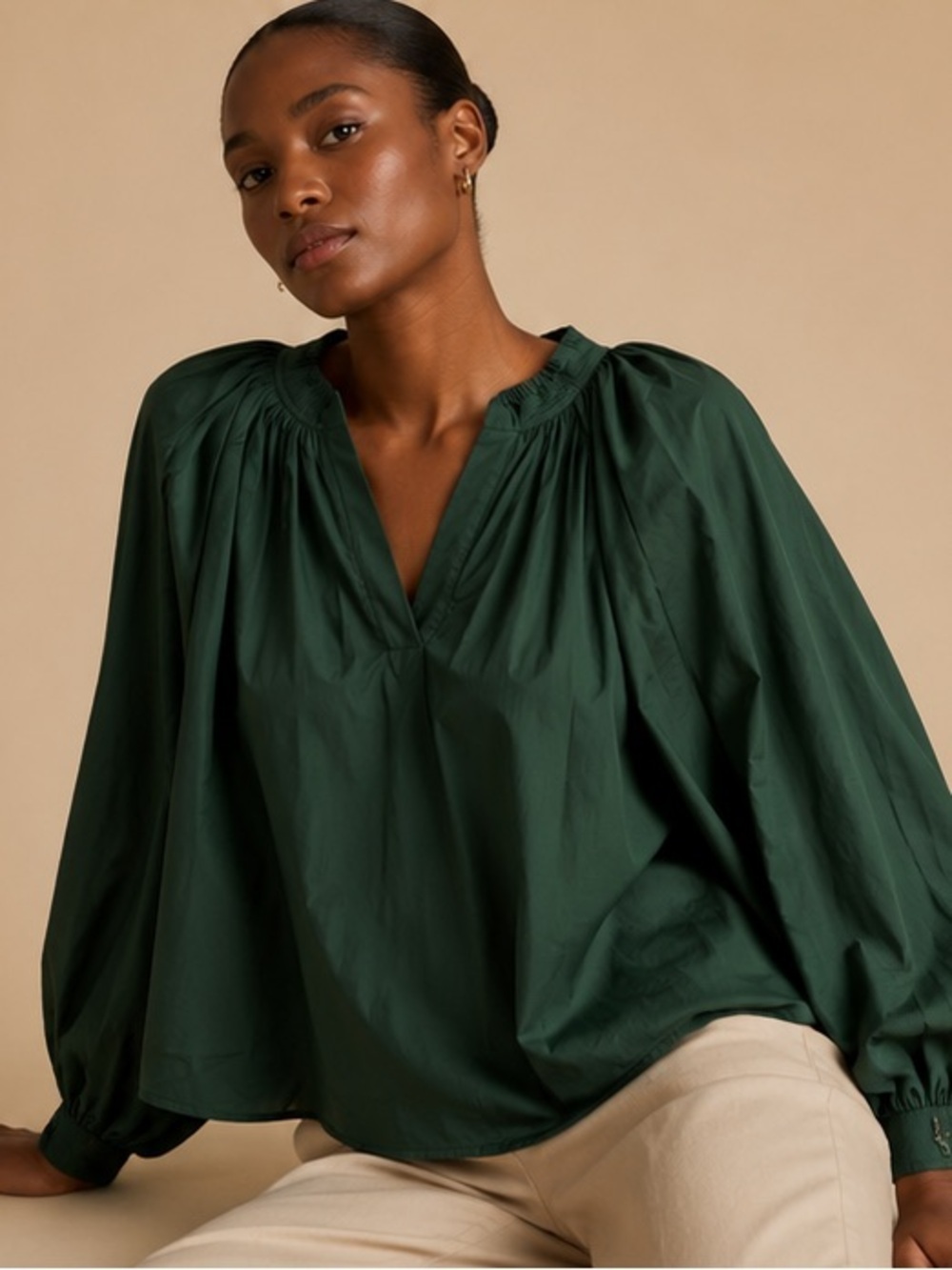 Boden Emerald Green Balloon Sleeve Poplin Blouse Size 12